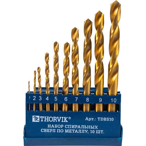 Набор спиральных сверл по металлу HSS TiN 1-10 мм (10 шт) Thorvik TDBS10